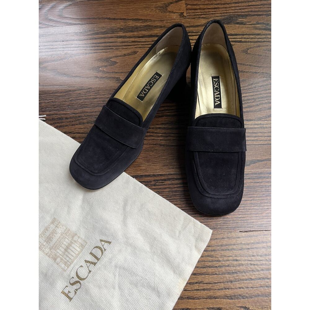 Escada Vintage Suede Loafers Size 8B Low Heel Classic Shoes Black w dust bag